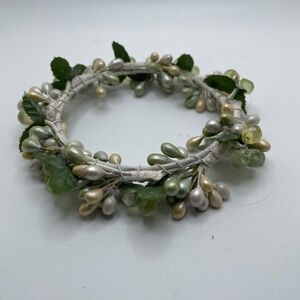 Candle Ring Holder Green Pearl Floral Wreath‎ Centerpiece Table Decoration
